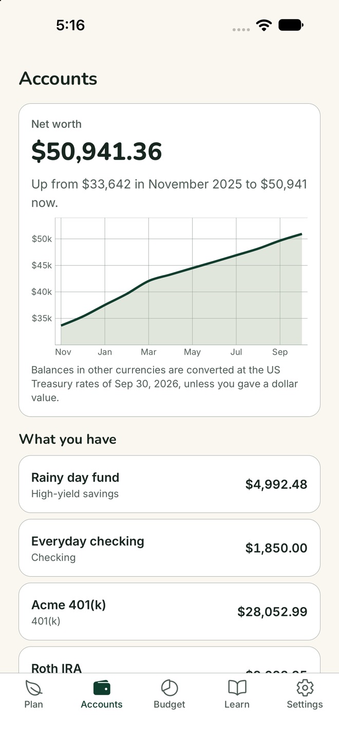 The Accounts tab: net worth of $50,941.36, a chart rising since last November, and accounts listed with their balances.