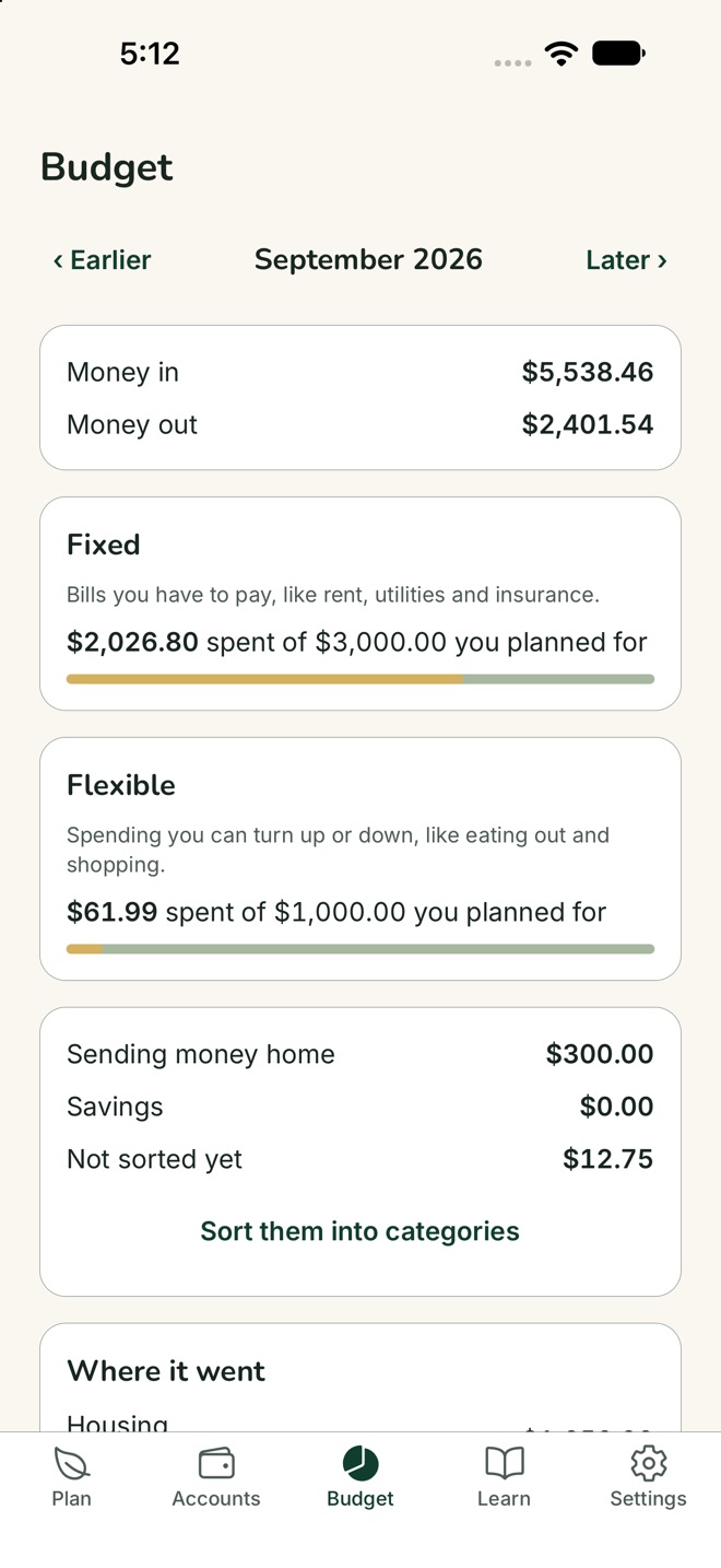 The Budget tab for September: money in and out, fixed and flexible spending against the plan, money sent home, and a button to sort transactions into categories.