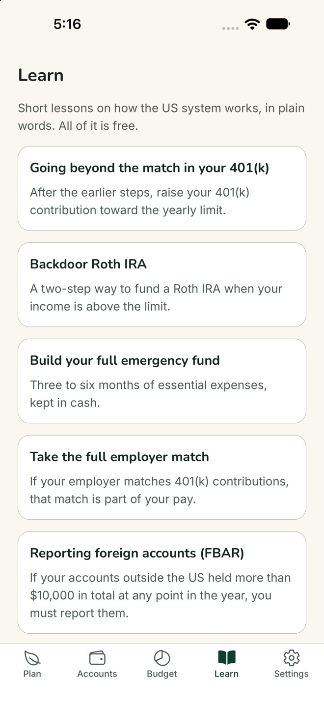 The Learn tab: lesson cards such as Take the full employer match and Reporting foreign accounts (FBAR).
